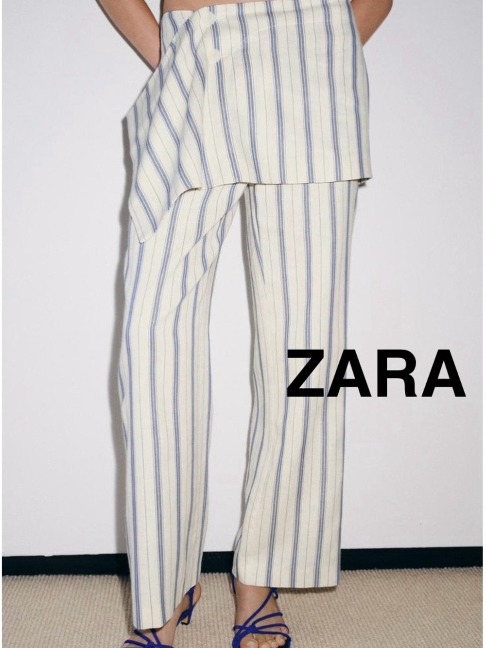 ZARA Cream with Blue Striped Pareo Straight Leg Pants - Size XL - NEW